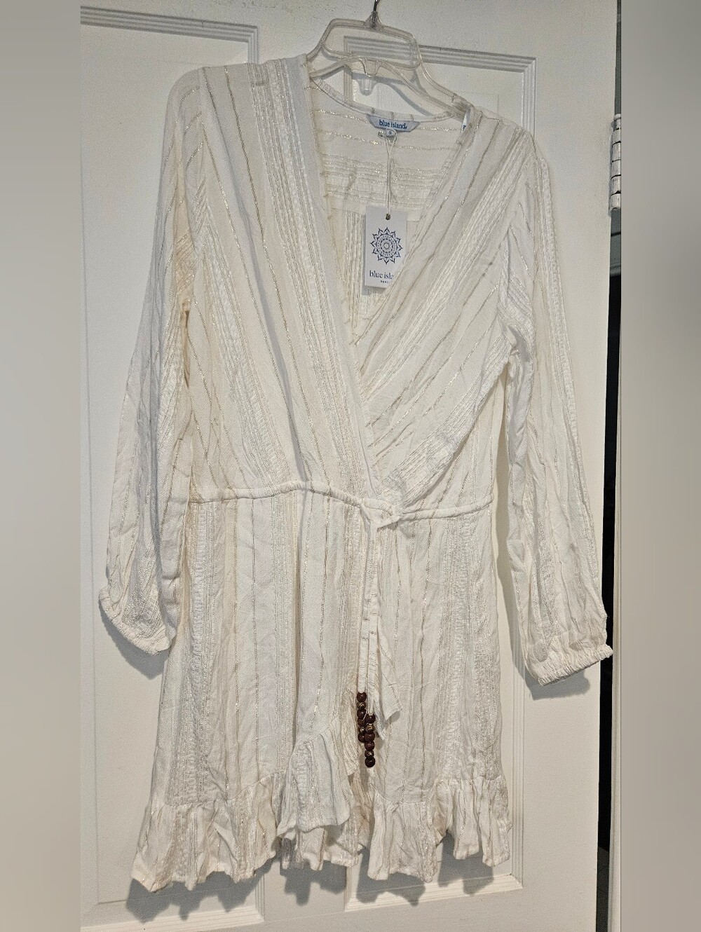 blue island Ivory Long Sleeve Wrap Swim Coverup with Tassel Tie